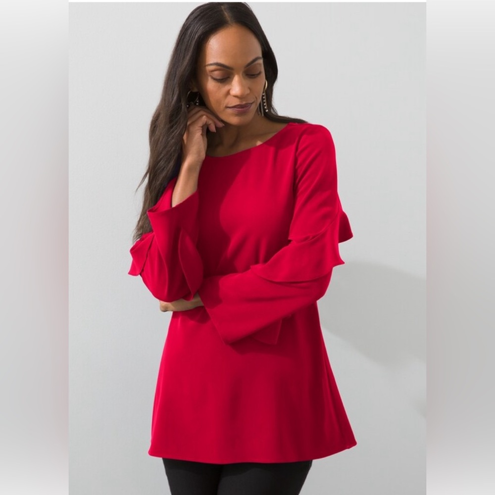 CHICOS Ruffled Sleeve Tunic Wild Red Poppy NWT